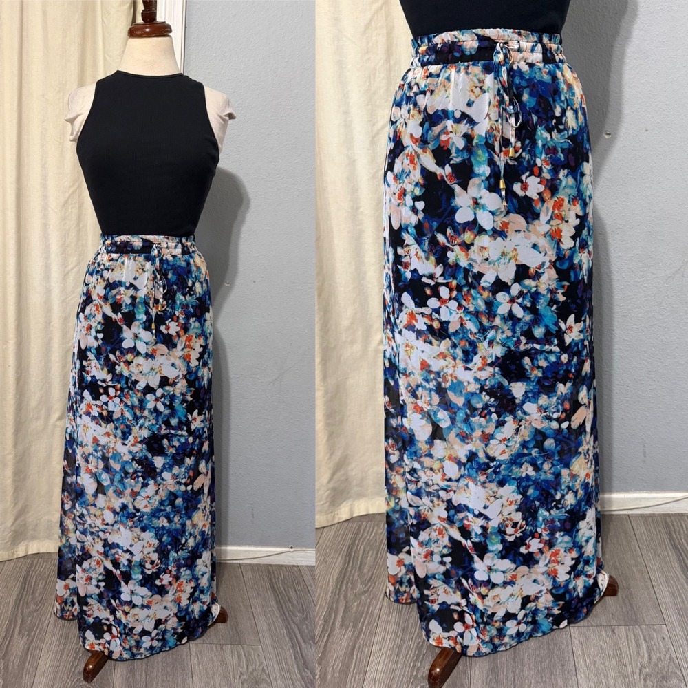 Worthington Floral Maxi Skirt 3X Blue Elastic Waist Lined Cottagecore Summer
